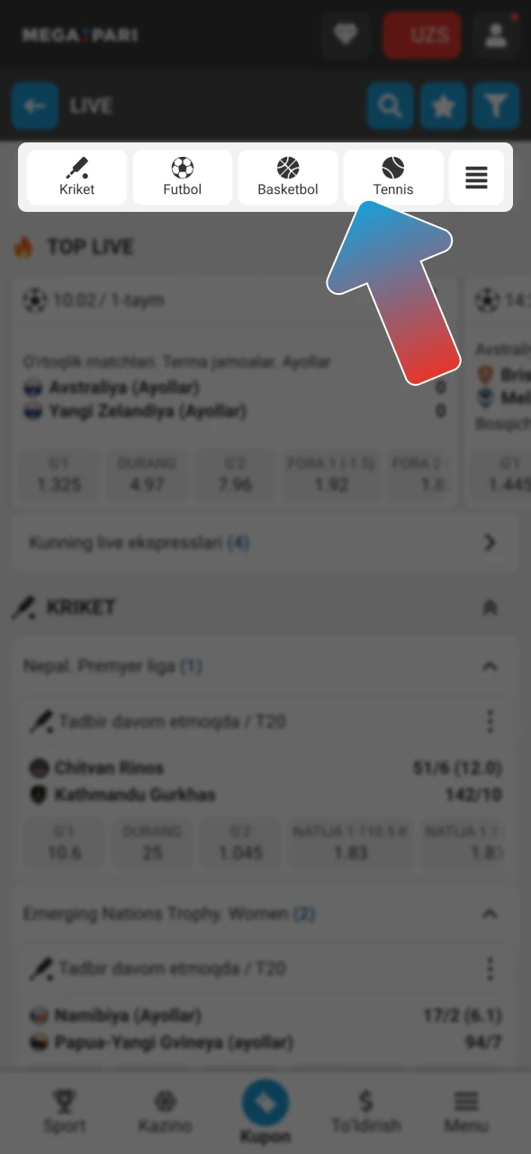 Megapari Sports bo'limiga o'ting va toifani tanlang.