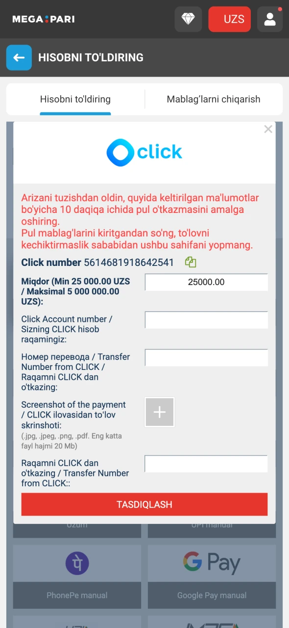 Megapari bonusini faollashtirish uchun depozit kirit.