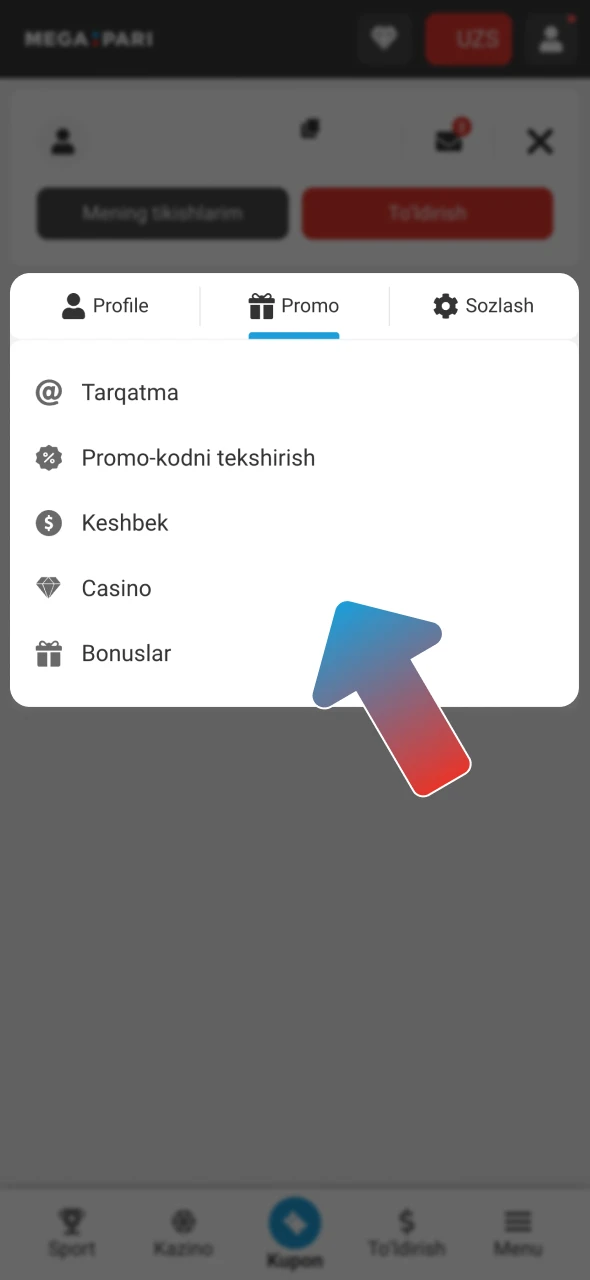 Megapari bonusi Bonuslar bo'limida paydo bo'ladi.