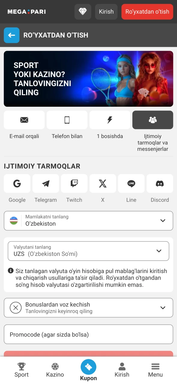 Tugmani bosing va Megapari hisobingizni yarating.