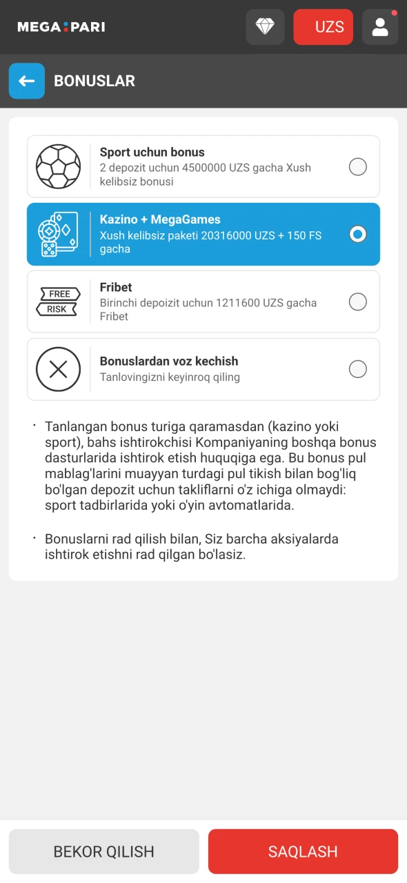 Megapari bonusini tanlang va ishtirokingizni tasdiqlang.