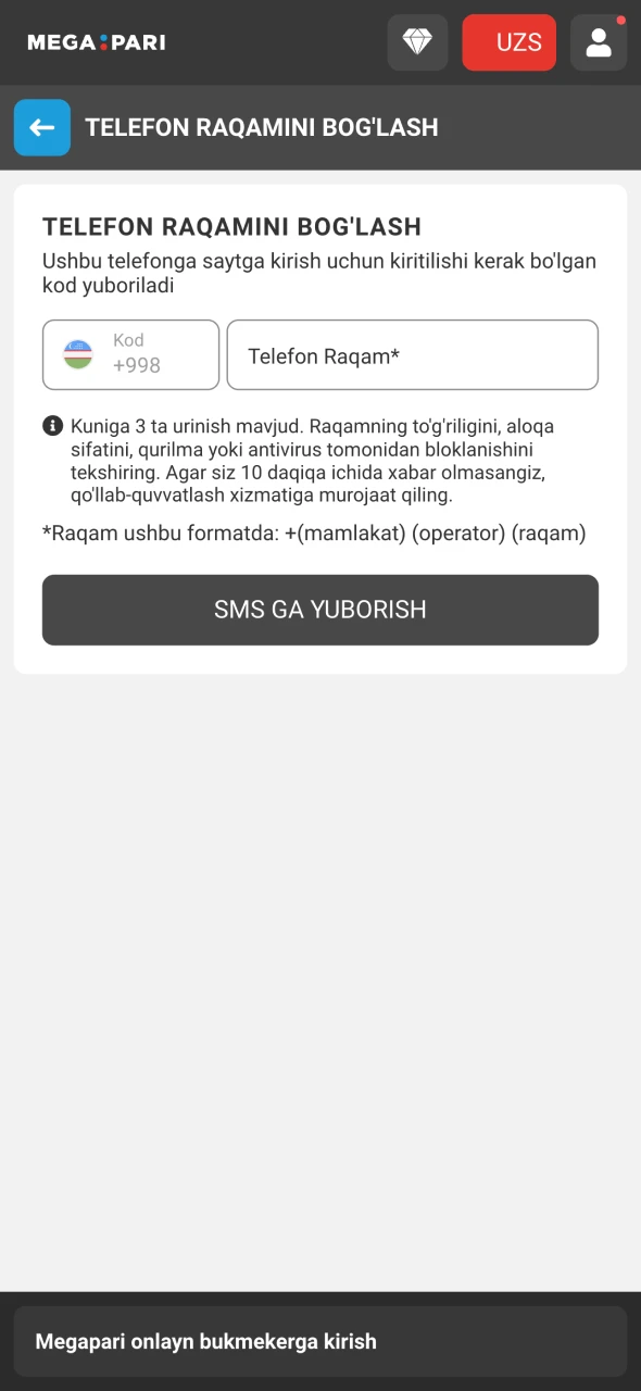 Megapari profilini faollashtirish uchun telefon raqamingizni tasdiqlang.