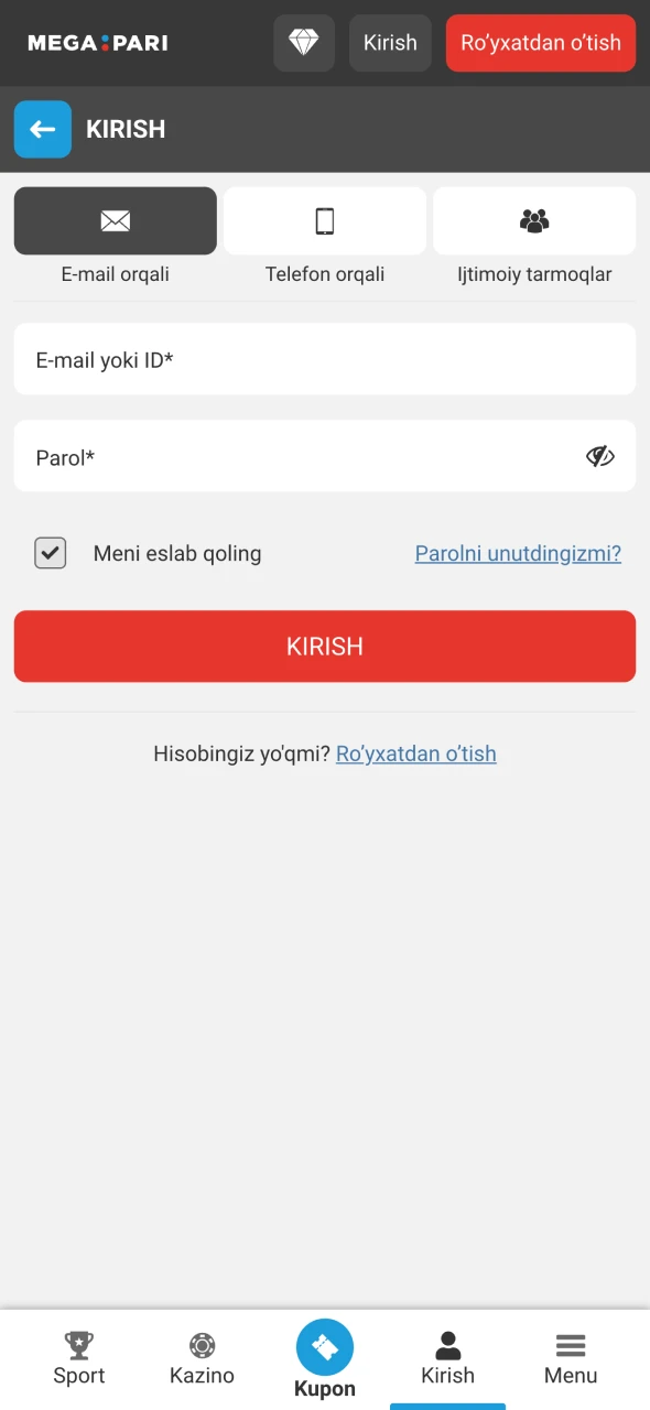 Megapari ilovasini oching va hisobingizga kiring.