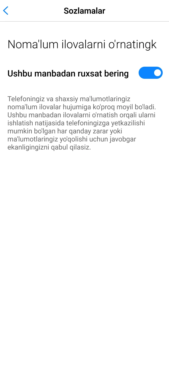 Noma'lum manbalardan o'rnatishga ruxsat bering.