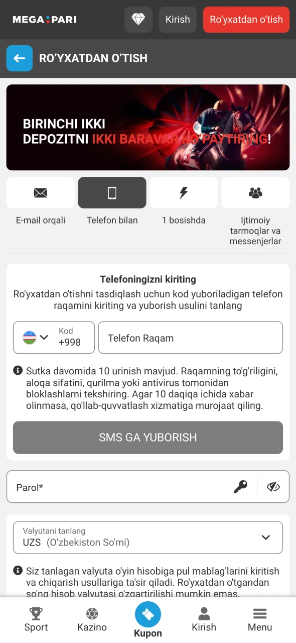 Megapari hisobini ro'yxatdan o'tkazish jarayonini boshlang.