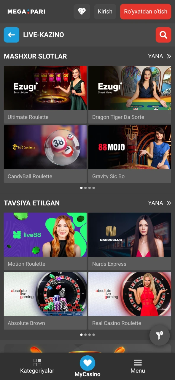 Megapari saytida kazino o'yinlarini o'ynashni boshlang.