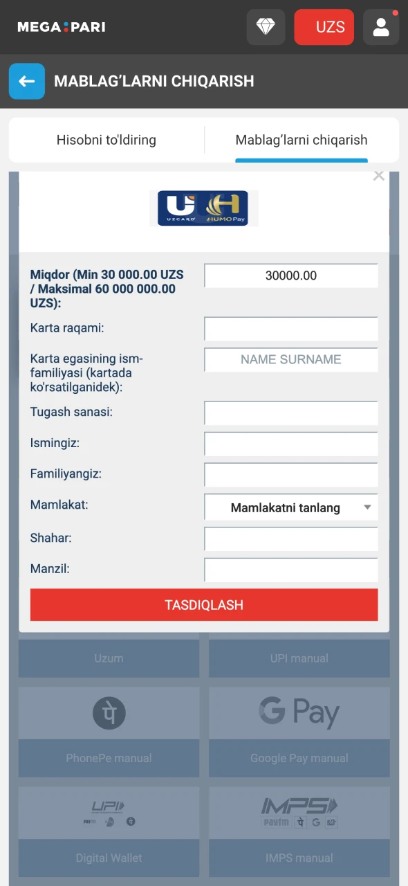 To'lov usulini tanlang va Megapari yutuqlaringizni yechib oling.
