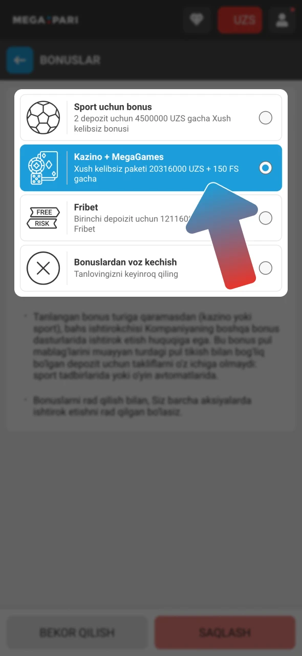Birinchi to'lovingizni amalga oshirishdan oldin Megapari Casino bonusini tanlang.