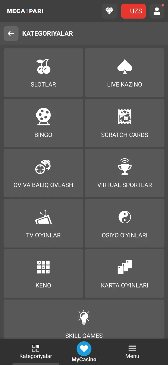 Megapari Casino bo'limiga o'ting va turli toifalardan tanlang.
