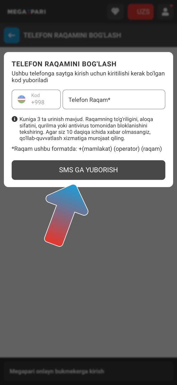 Megapari profil bo'limingizda telefon raqamingizni faollashtiring.