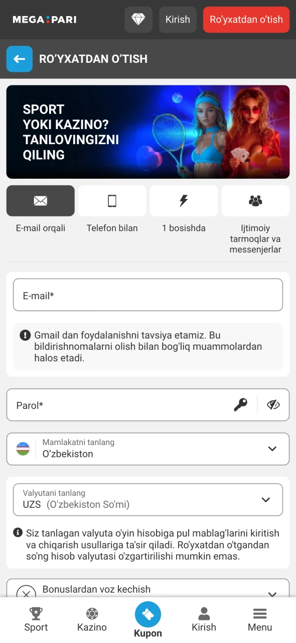 Megapari bosh sahifasida ro'yxatdan o'tish formasini oching.