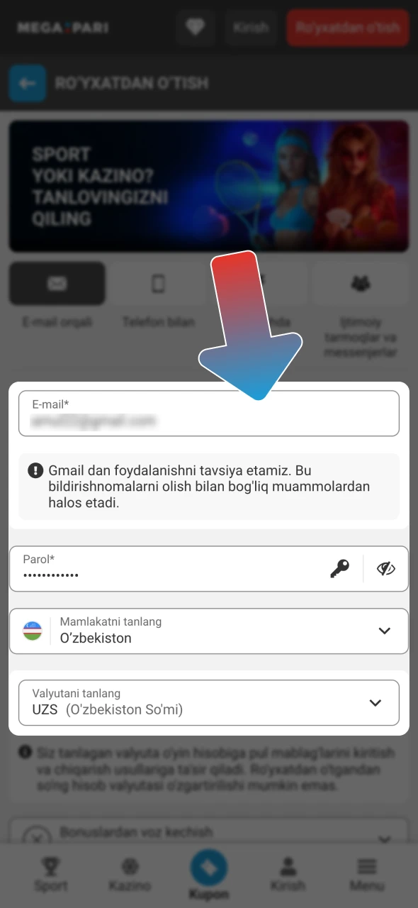 Megapari ro'yxatdan o'tish formasiga shaxsiy ma'lumotlaringizni kiriting.
