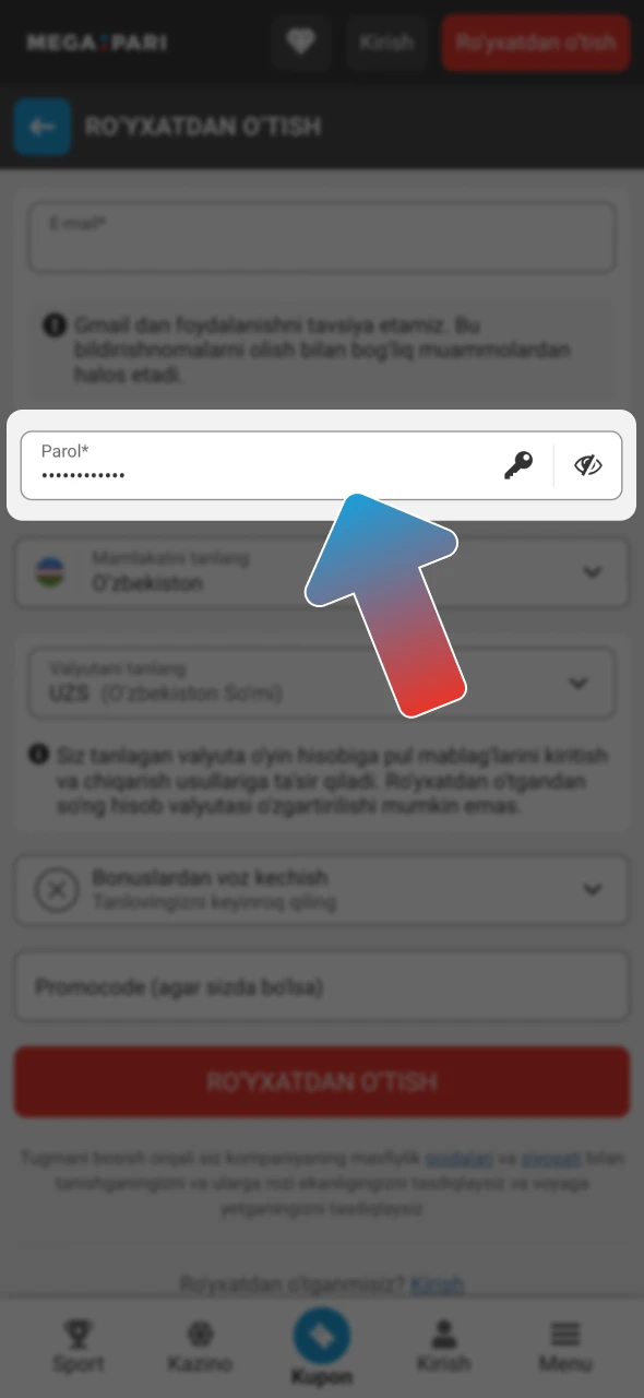 Megapari'da parol o'rnating va yoshingizni tasdiqlang.