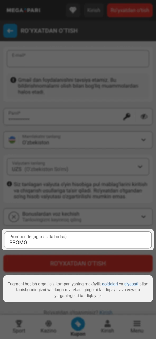 Megapari xush kelibsiz bonusini faollashtirish uchun promo kodni kiritishingiz mumkin.