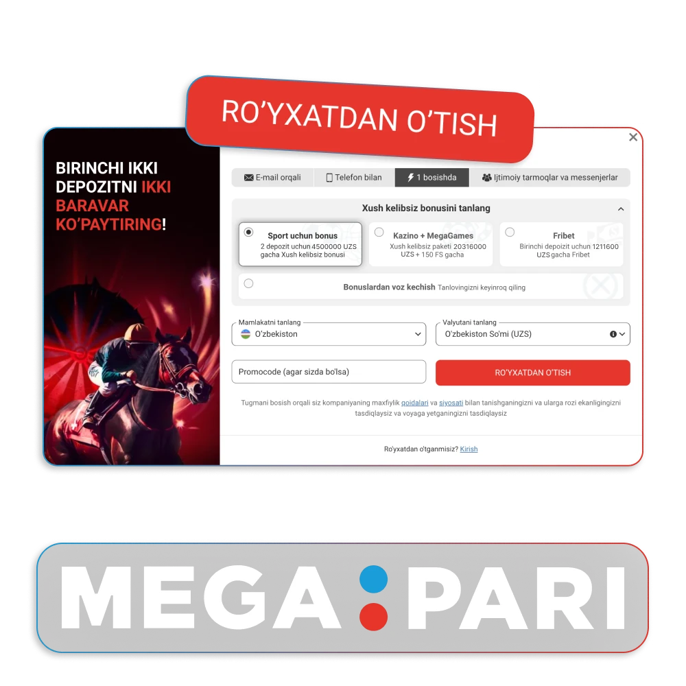 Sport garovlari va kazino o'yinlariga kirish uchun Megapari hisobini yarating.