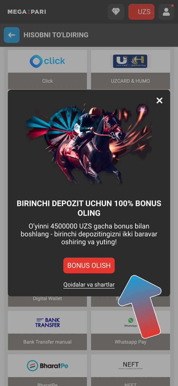 Megapari omonat sahifasida bonus turini tanlang.