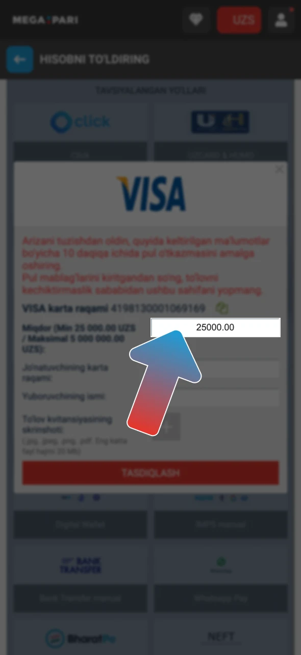 Mablag'ni kiriting va Megapari depozit to'lovini tasdiqlang.