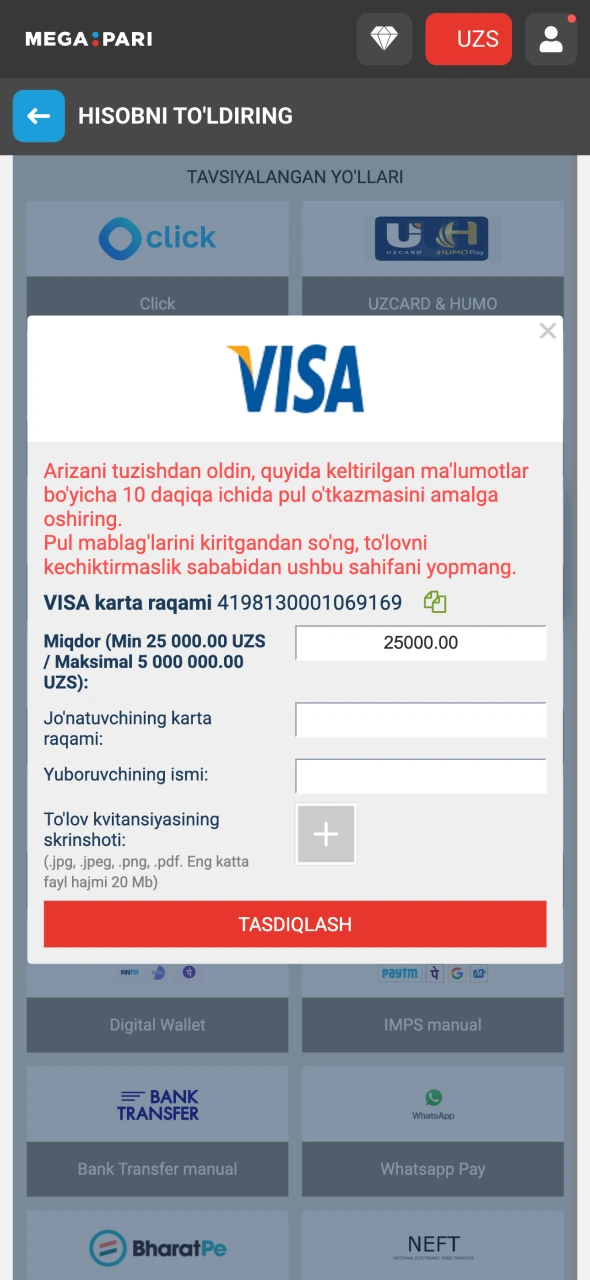 Megapari'da sizga mos depozit usulini tanlang.