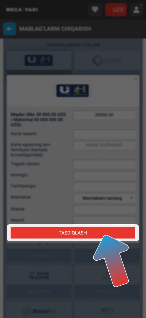 Pul yechish tugmasini bosing va Megapari tranzaksiyasini tasdiqlang.
