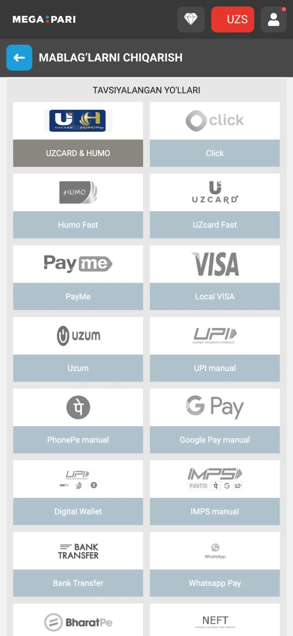 Megapari'da oxirgi depozitingiz uchun ishlatgan to'lov tizimini tanlang.