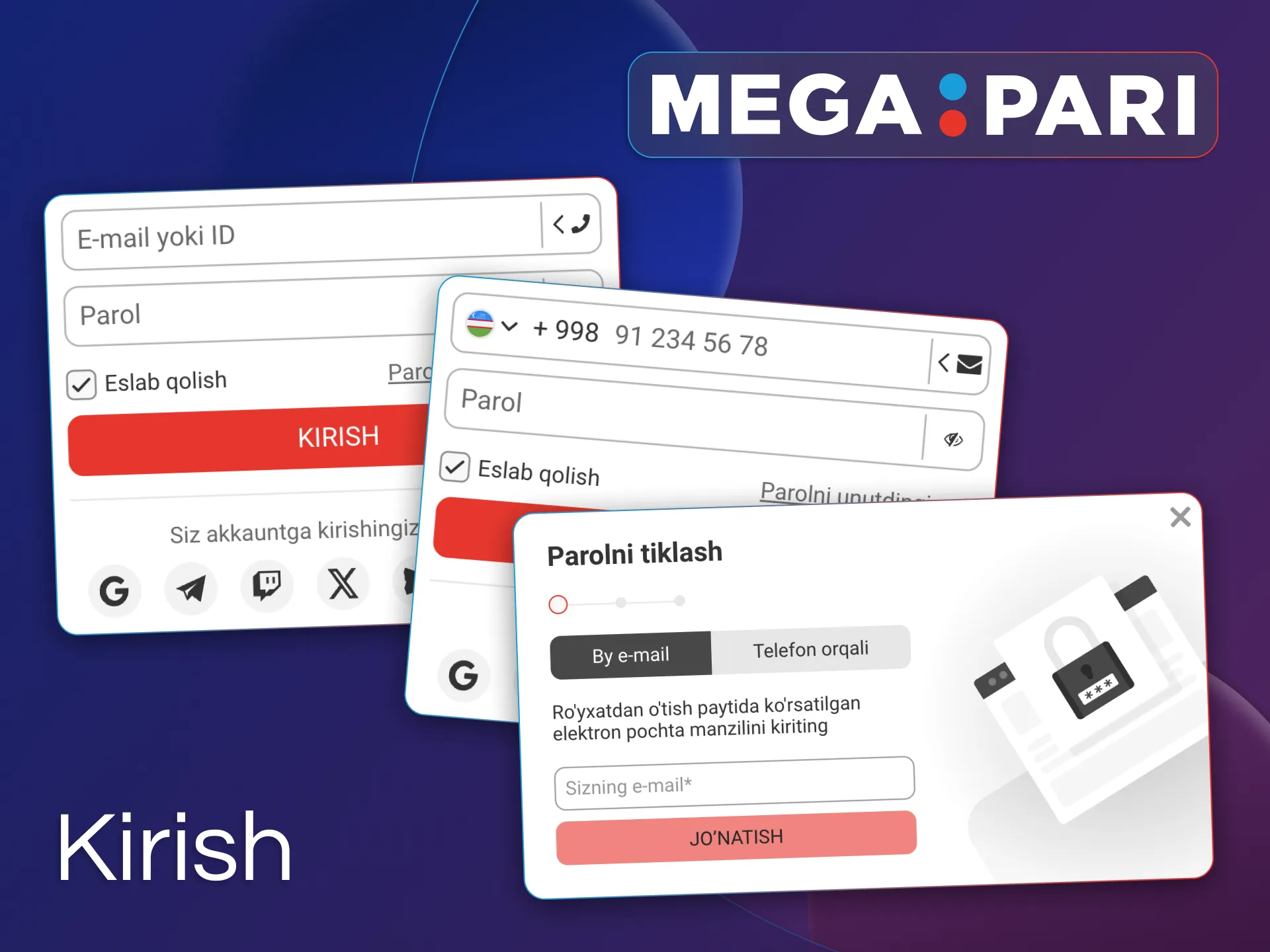 Shaxsiy ma'lumotlaringizdan foydalanib Megapari'ga kiring.