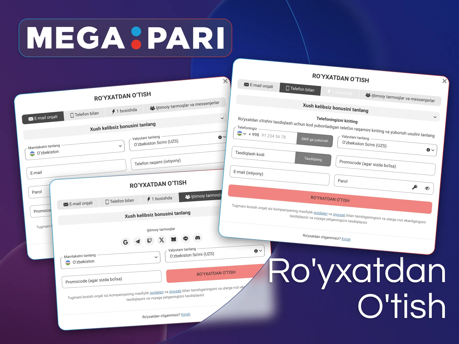 Megapari tikish va kazino saytida ro'yxatdan o'tish usullari.