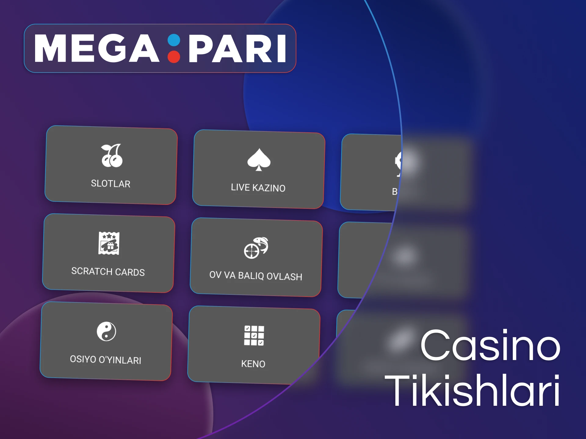 Megapari Casino bo'limi bir nechta toifalarda minglab o'yinlarni taklif etadi.