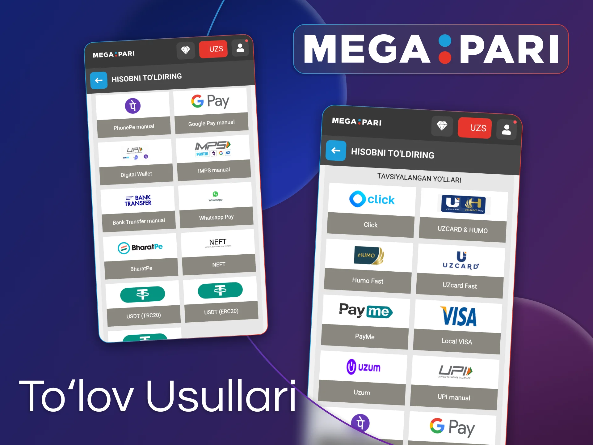 Megapari ilovasi O'zbekistondagi foydalanuvchilar uchun xavfsiz to'lov usullarini taklif etadi.