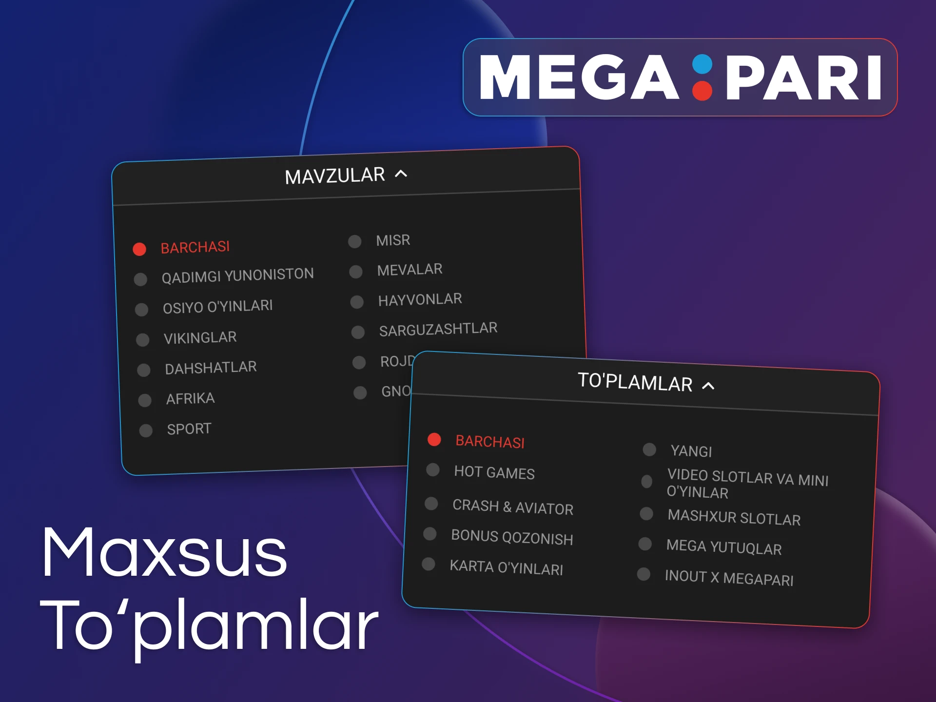Mavzuga asoslangan to'plamlar bo'yicha Megapari kazino kategoriyalarini kashf eting.
