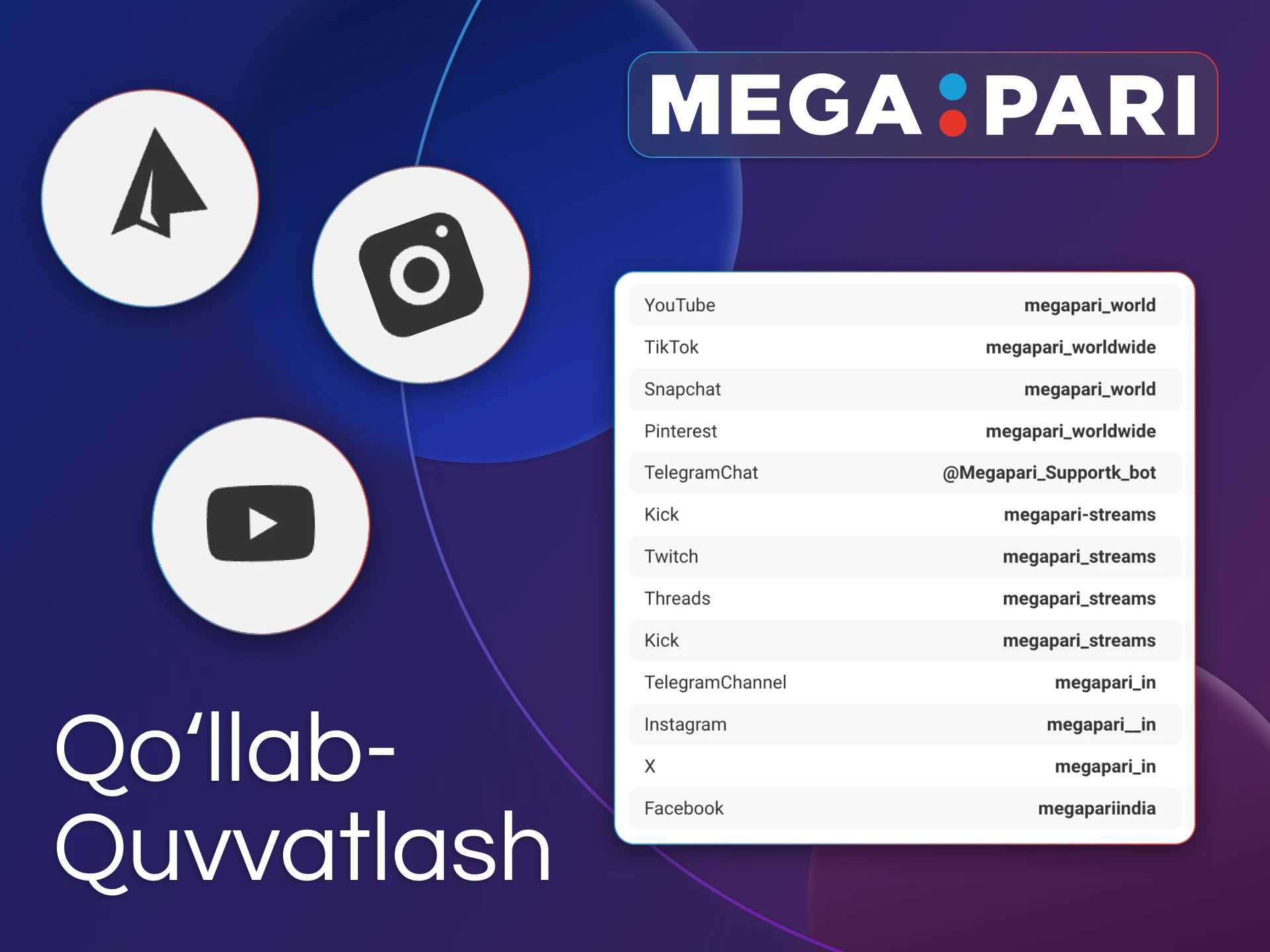 Quyidagi qulay kanallar orqali Megapari bilan bog'laning.