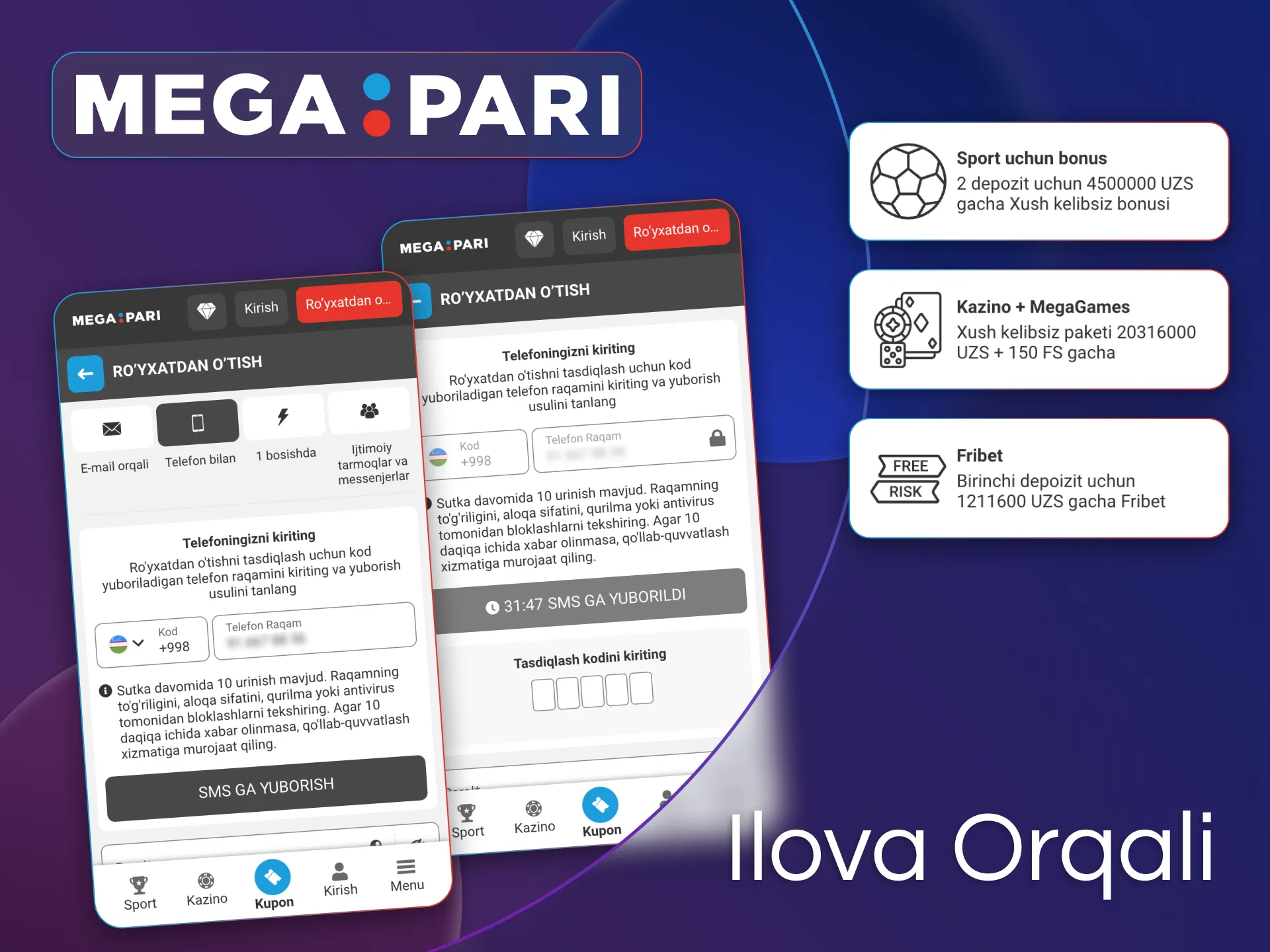 Megapari rasmiy mobil ilovasida hisob yarating.