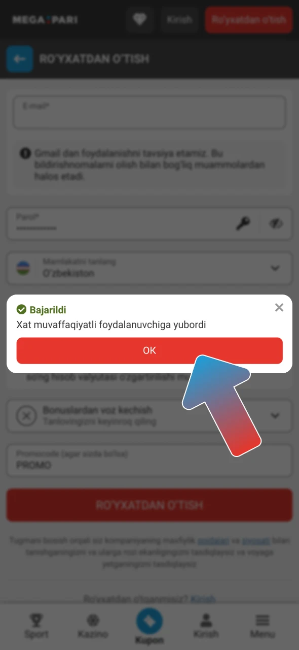 Megapari hisobingizni tasdiqlash uchun telefoningizga yuborilgan kodni kiriting.