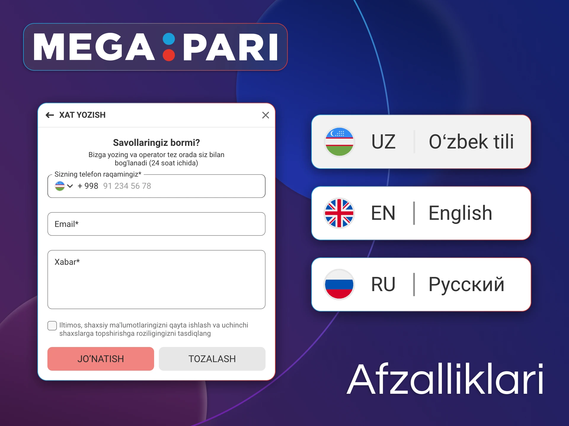 Megapari har bir foydalanuvchiga tez va aniq yordam ko'rsatadi.
